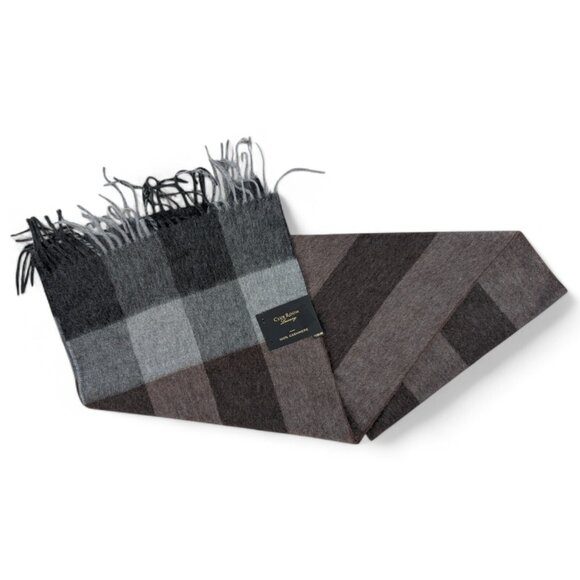 Club Room Men's Solid 100% Cashmere Scarf Tan Grey Plaid $120 - Picture 1 of 4